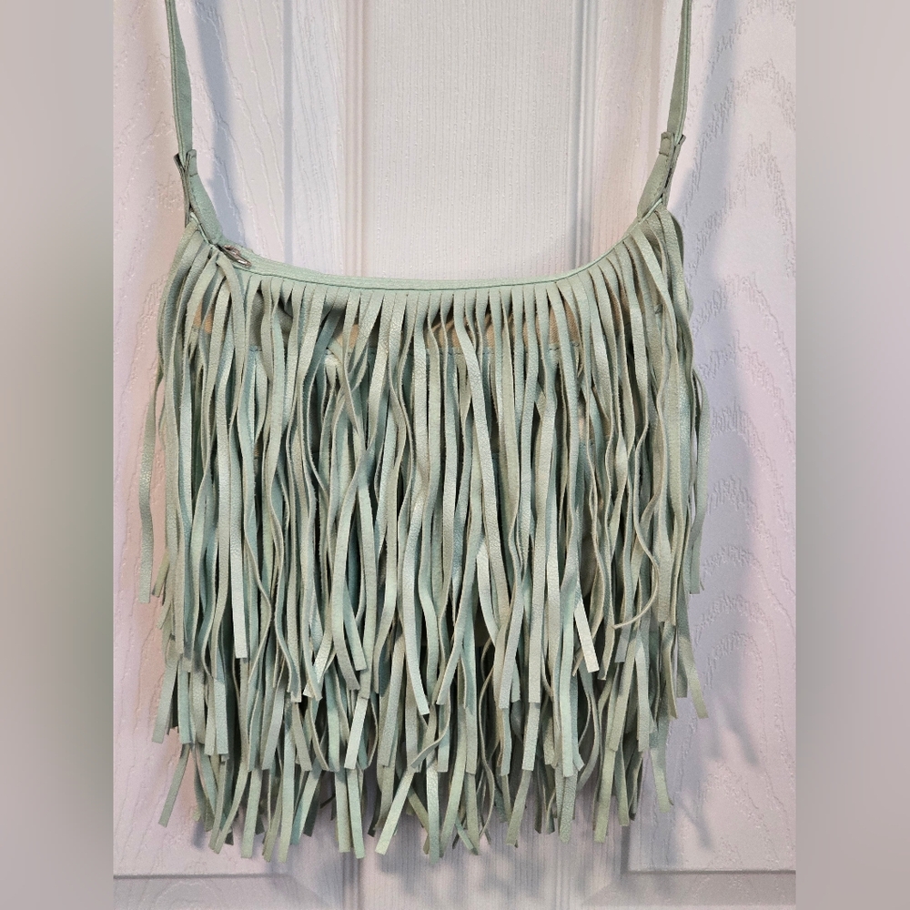 Mint Faux Leather Fringe Purse 44 inch Fixed Strap Zipper Closure